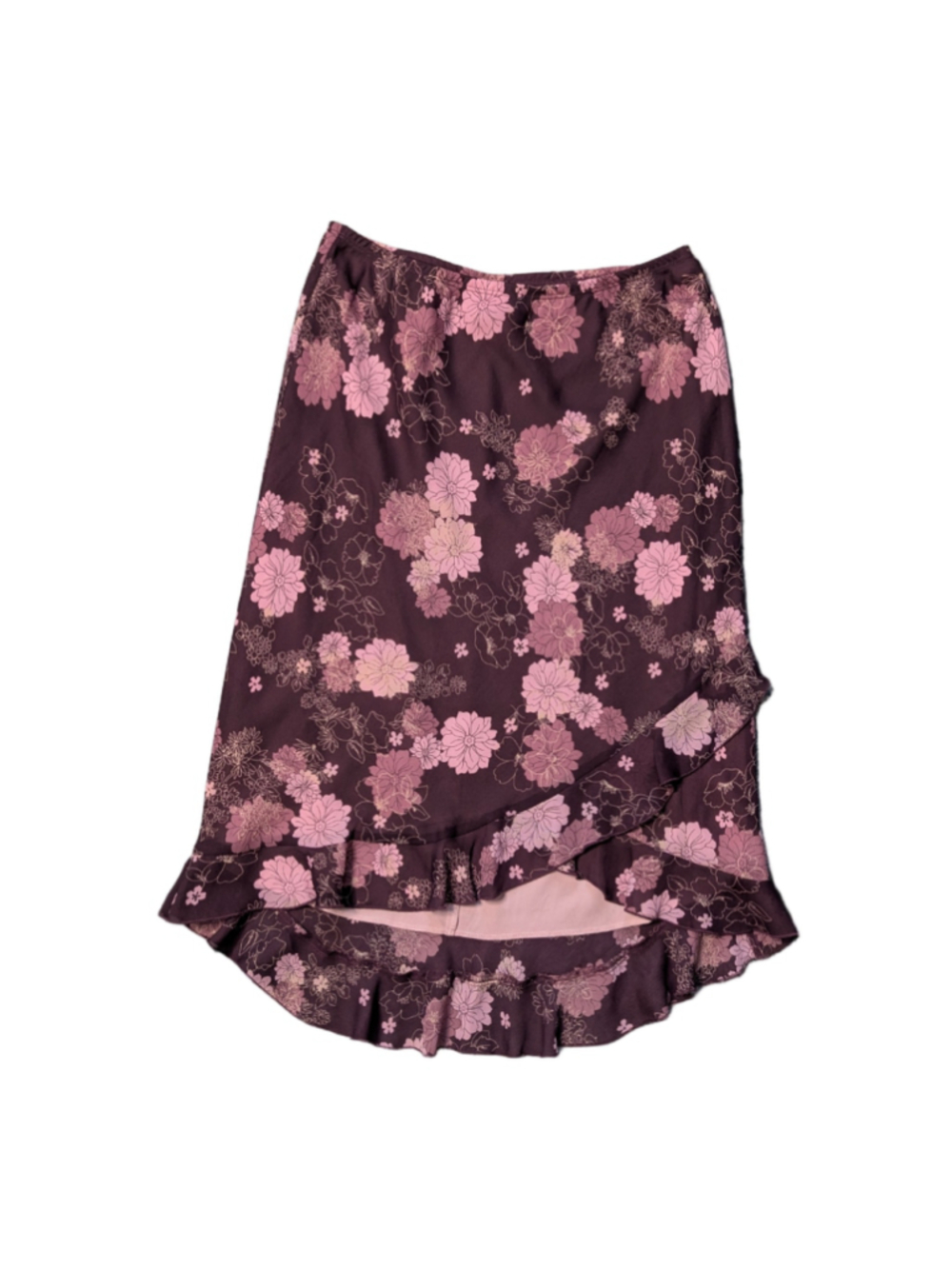 VTG Fashion Bug Y2K Floral Ruffle Midi Skirt Asymmetrical Pink Burgundy Medium